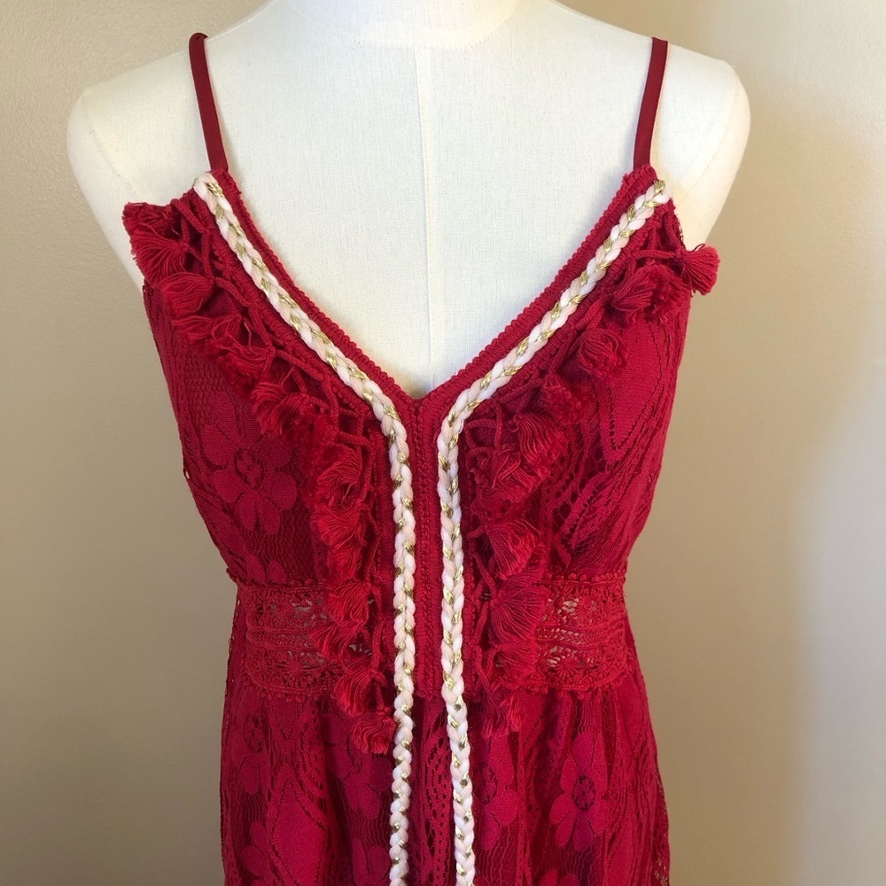 NEW Cupshe Red Lace Hi Low Midi Dress with Pom Pom & Fringe Details Size M - Picture 2 of 10